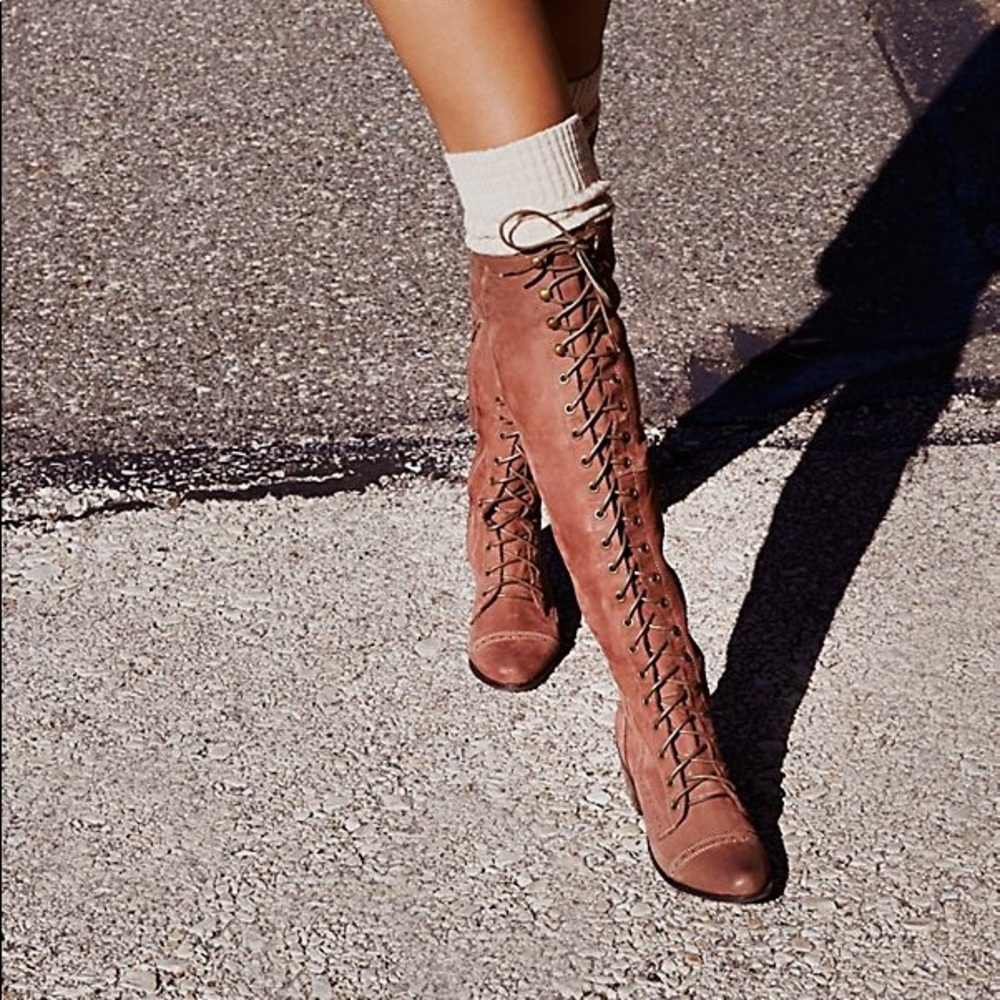 Breckelle knee high lace up boots light brown
